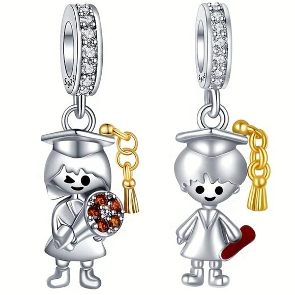 Sterling Silver Graduation Charm Girl Graduate with Cap and Gown Dangle - Picture 2 of 3